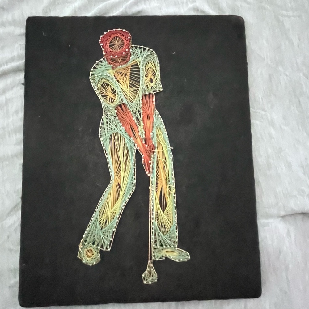 Colorful String Art Golfer on Black Canvas